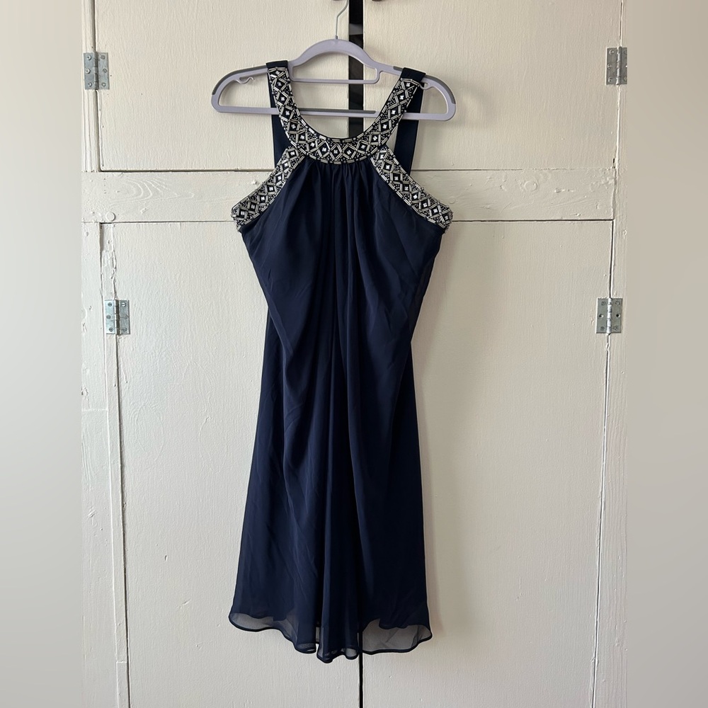 Embellished Navy Halter Wedding Guest Dress